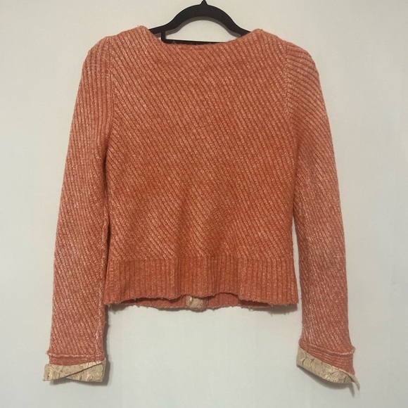 Moth feminine coral colored chunky button lace trim wool blend cardigan size M - Picture 3 of 5